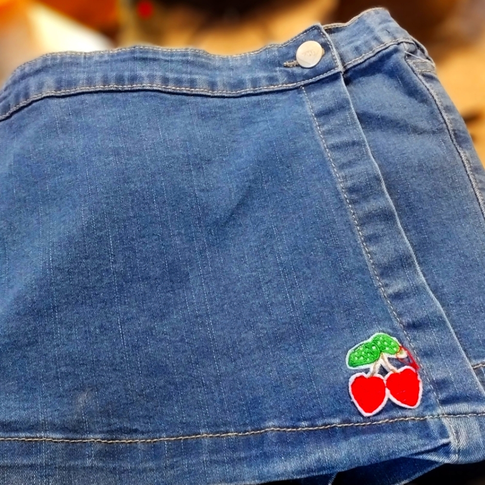 Denim Kids Skirt with Cherry Patch